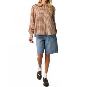 NEW OLIVACEOUS lace trimmed gingham button down shirt in beige